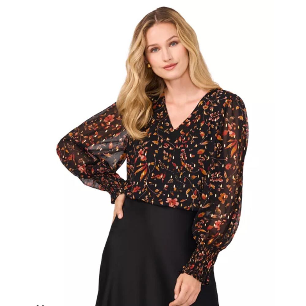 CECE Women's Blouse XL Black Floral Print Foil Dot Blouson-Sleeve Top NWT